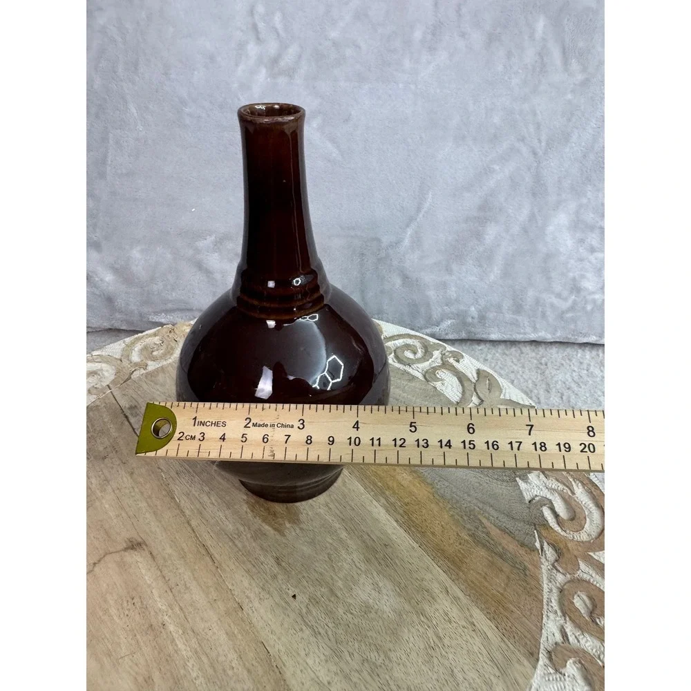 Vintage Brown Glossy Ceramic Bud Vase Bulbous Slender Neck MCM Home Decor 8in‎